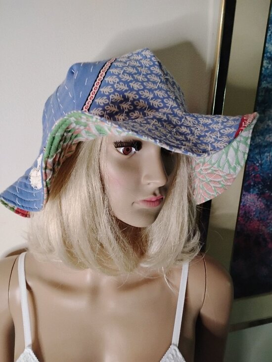 Kantha Sun Hat Blue Mint Green M-L Reversible Handmade Beach Boho New KS19.